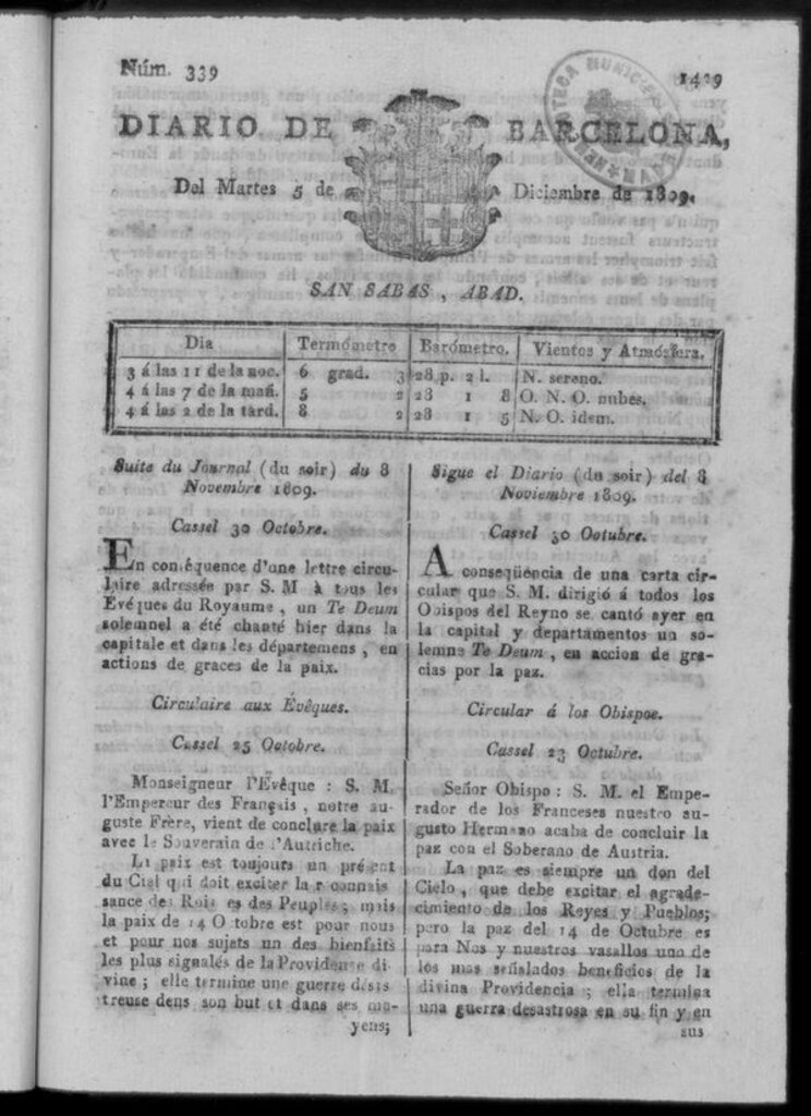 Miniatura de Diario de Barcelona del martes 5 de diciembre de 1809