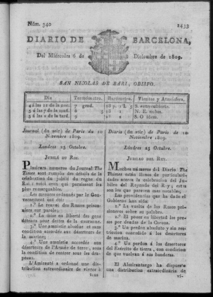 Miniatura de Diario de Barcelona del miércoles 6 de diciembre de 1809