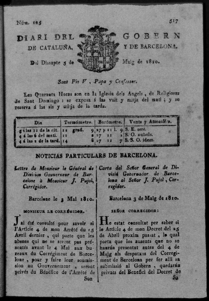 Miniatura de Diario de Barcelona del sábado 5 de mayo de 1810