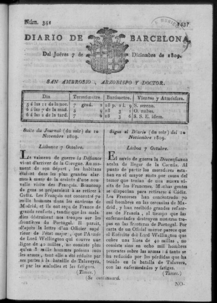 Miniatura de Diario de Barcelona del jueves 7 de diciembre de 1809