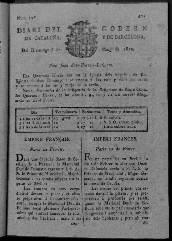 Miniatura de Diario de Barcelona del domingo 6 de mayo de 1810