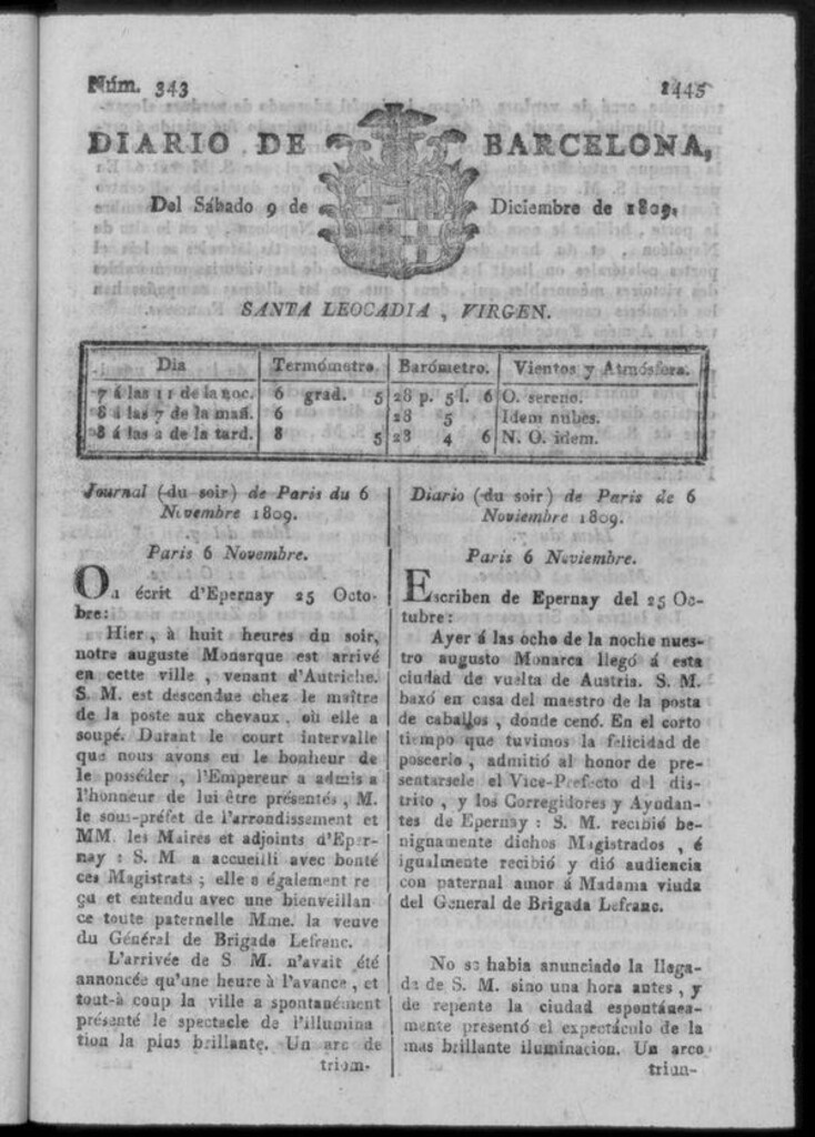 Miniatura de Diario de Barcelona del sábado 9 de diciembre de 1809