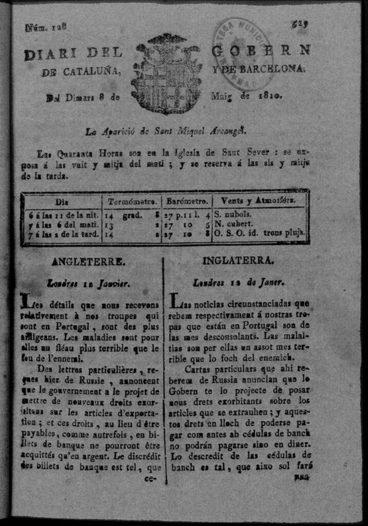 Miniatura de Diario de Barcelona del martes 8 de mayo de 1810