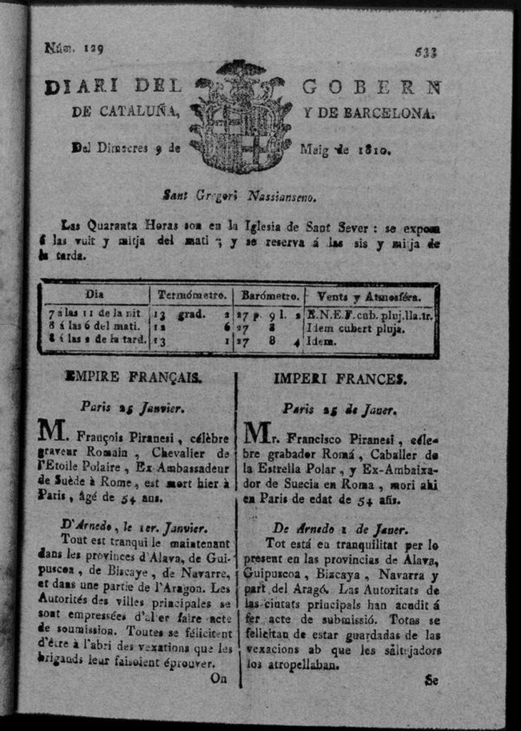Miniatura de Diario de Barcelona del miércoles 9 de mayo de 1810