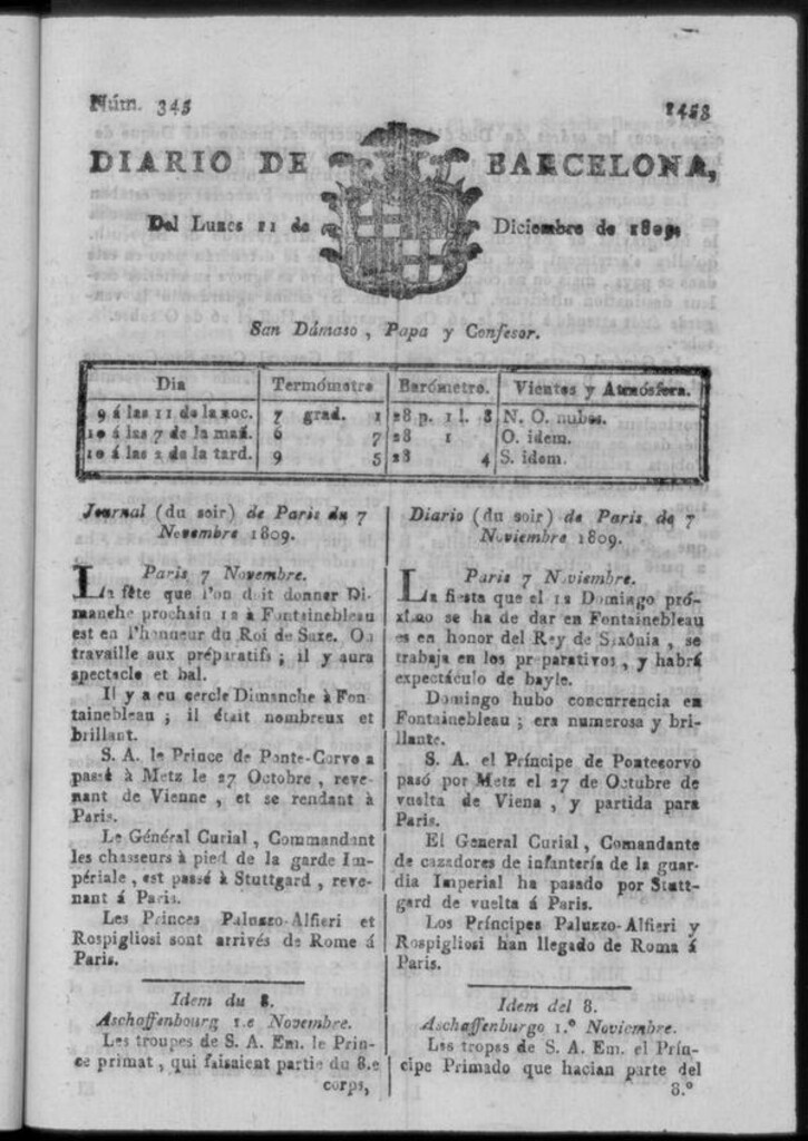 Miniatura de Diario de Barcelona del lunes 11 de diciembre de 1809