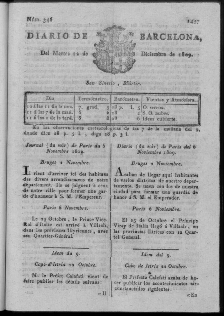 Miniatura de Diario de Barcelona del martes 12 de diciembre de 1809