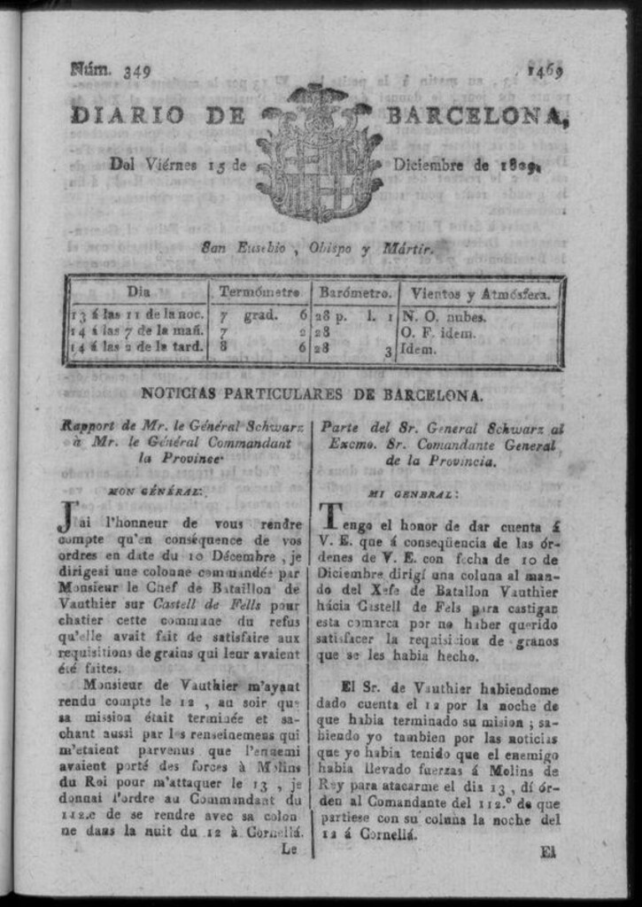Miniatura de Diario de Barcelona del viernes 15 de diciembre de 1809