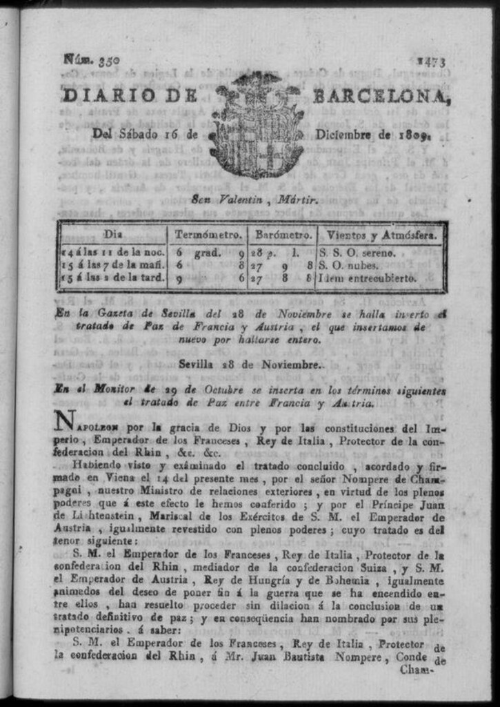Miniatura de Diario de Barcelona del sábado 16 de diciembre de 1809