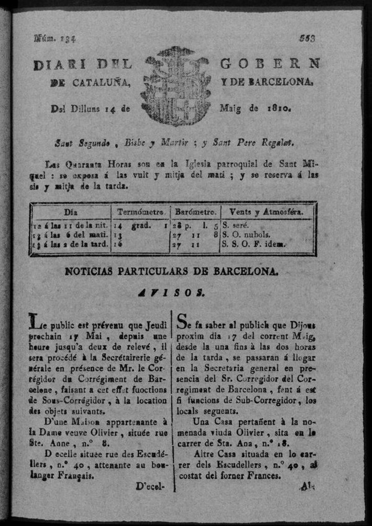 Miniatura de Diario de Barcelona del lunes 14 de mayo de 1810