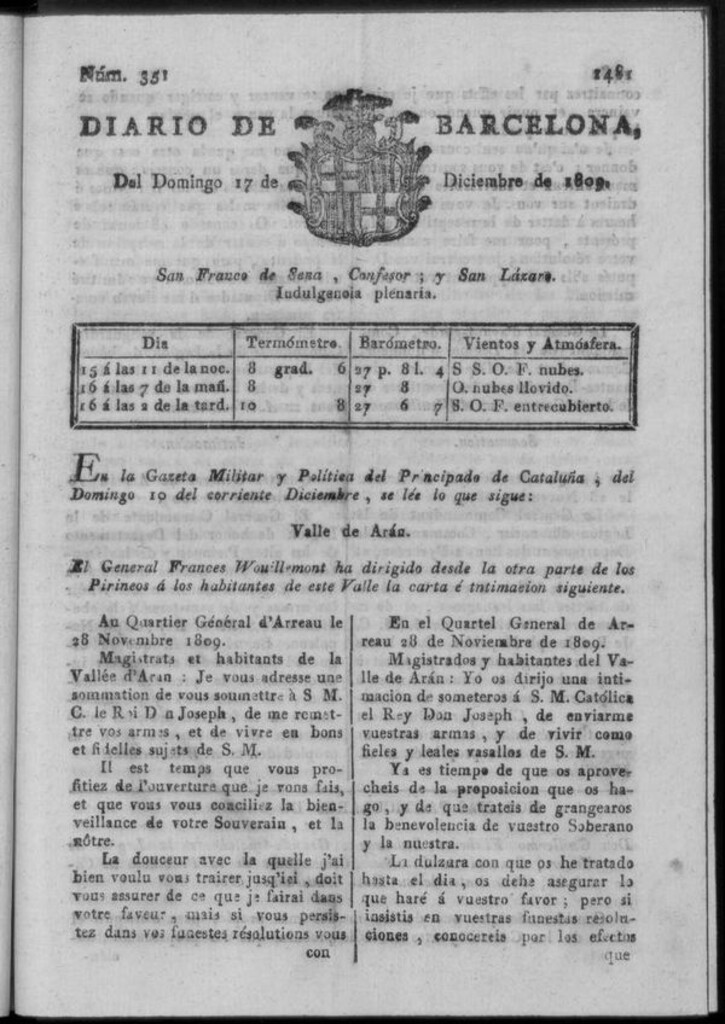 Miniatura de Diario de Barcelona del domingo 17 de diciembre de 1809