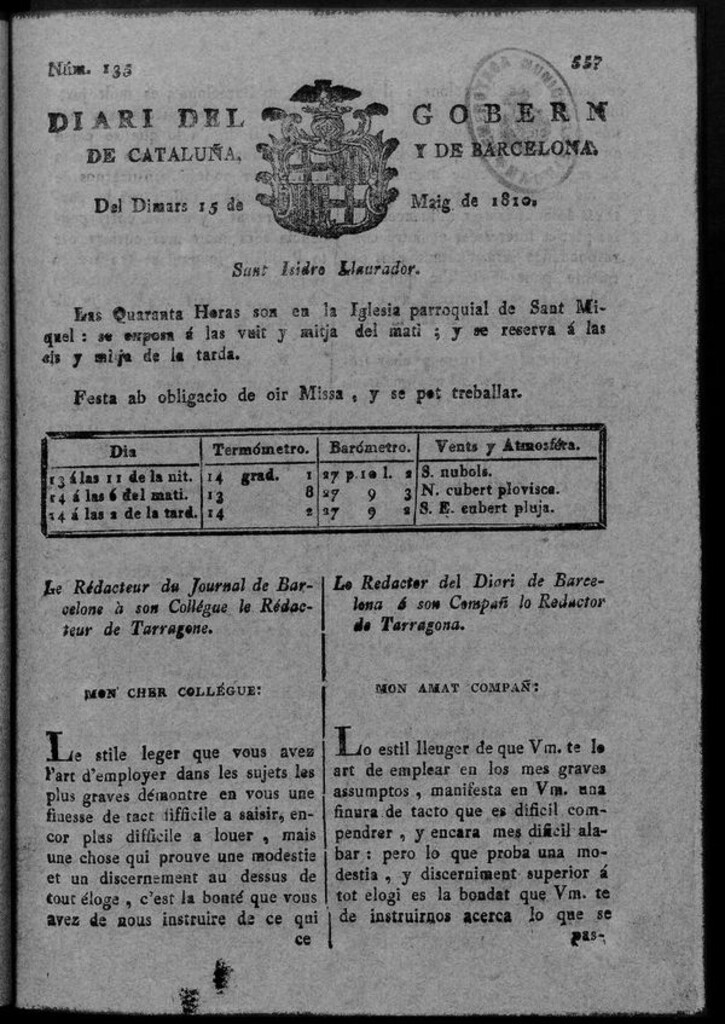 Miniatura de Diario de Barcelona del martes 15 de mayo de 1810