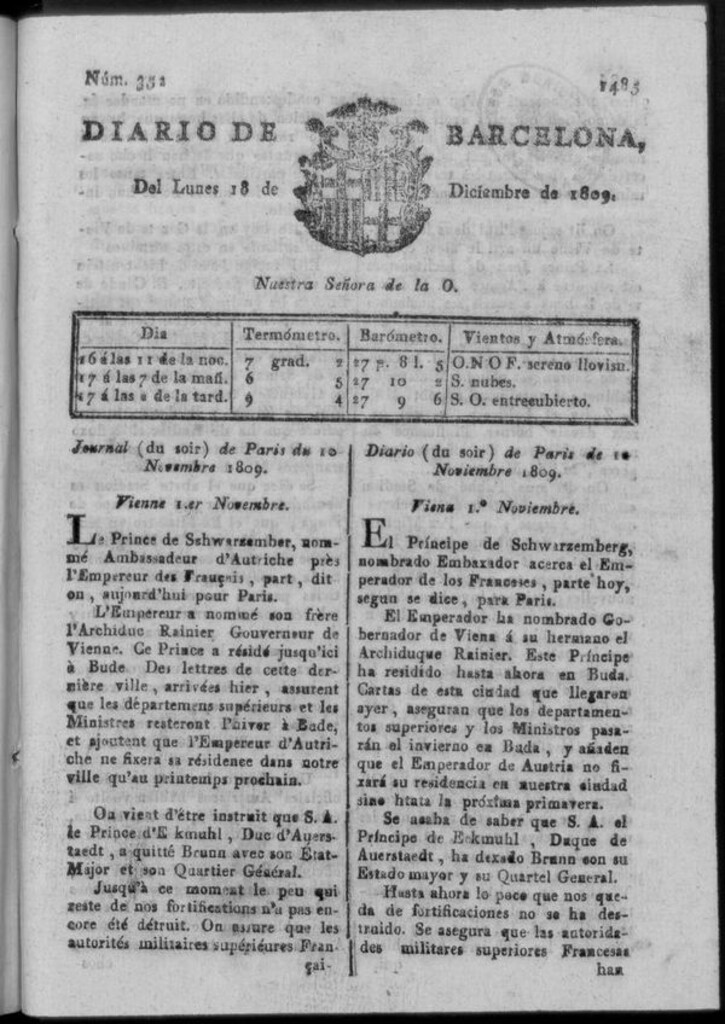 Miniatura de Diario de Barcelona del lunes 18 de diciembre de 1809