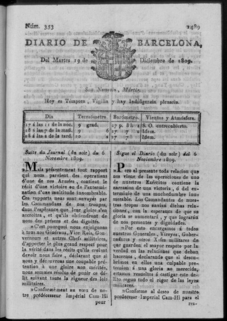 Miniatura de Diario de Barcelona del martes 19 de diciembre de 1809