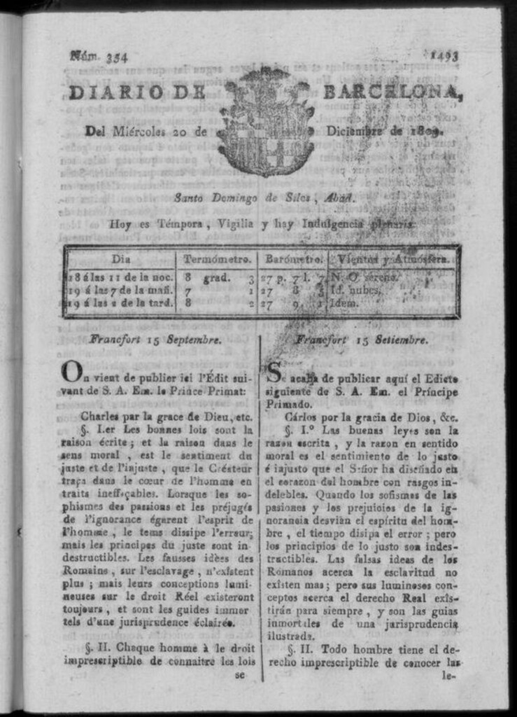 Miniatura de Diario de Barcelona del miércoles 20 de diciembre de 1809