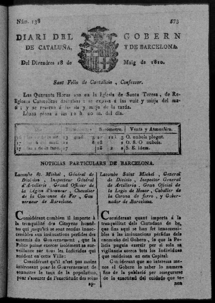Miniatura de Diario de Barcelona del viernes 18 de mayo de 1810