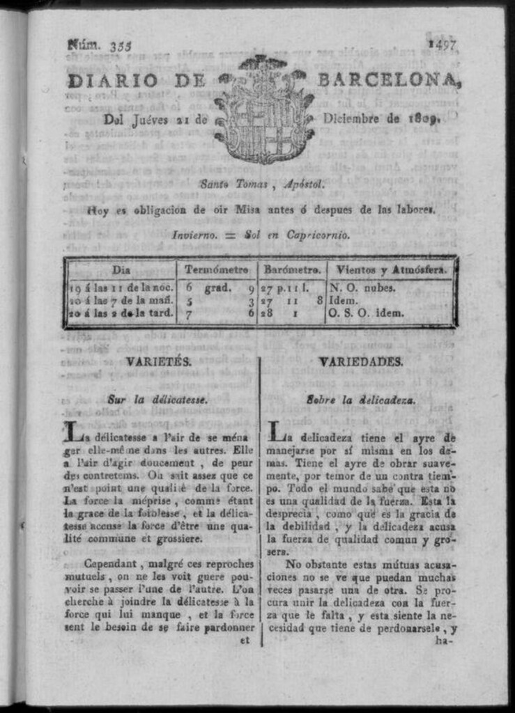 Miniatura de Diario de Barcelona del jueves 21 de diciembre de 1809