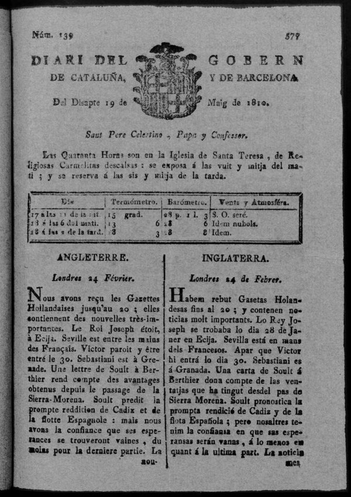 Miniatura de Diario de Barcelona del sábado 19 de mayo de 1810