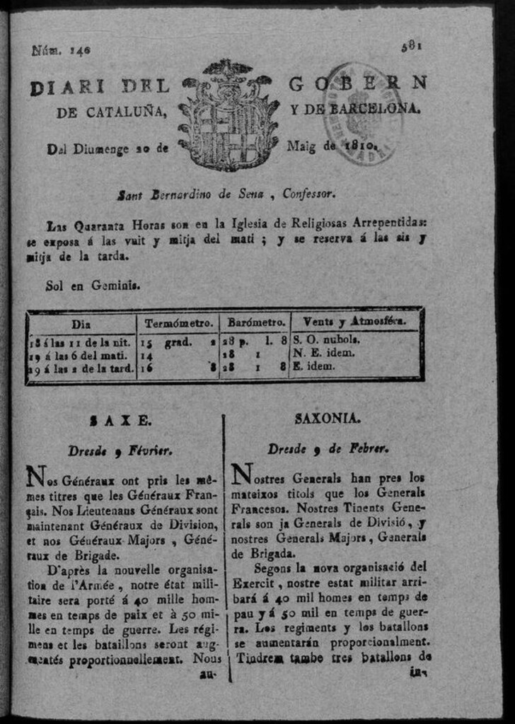 Miniatura de Diario de Barcelona del domingo 20 de mayo de 1810