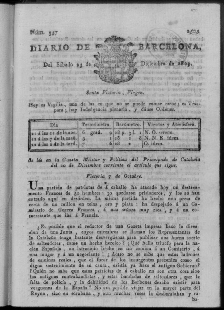 Miniatura de Diario de Barcelona del sábado 23 de diciembre de 1809