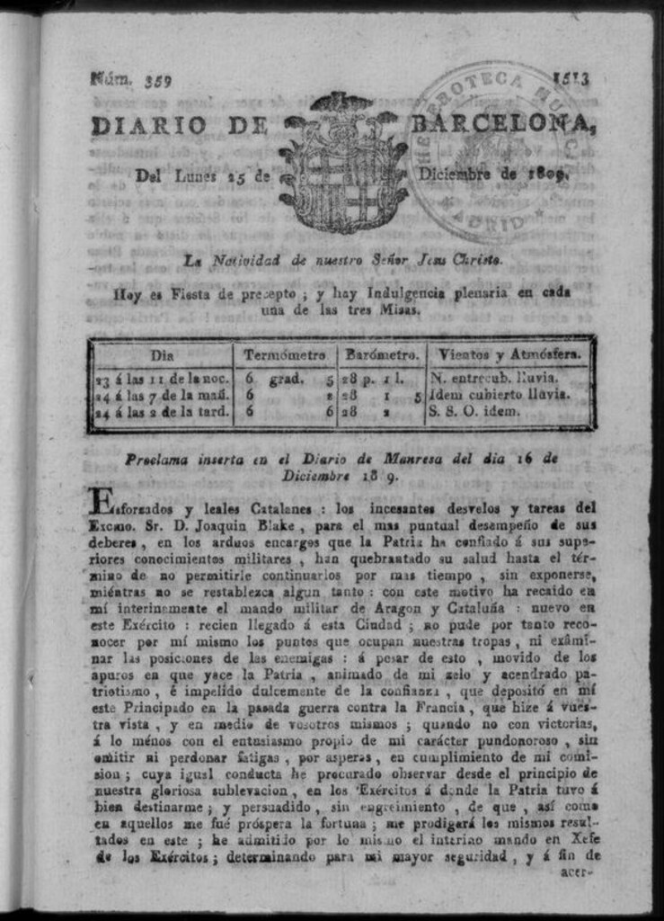 Miniatura de Diario de Barcelona del lunes 25 de diciembre de 1809