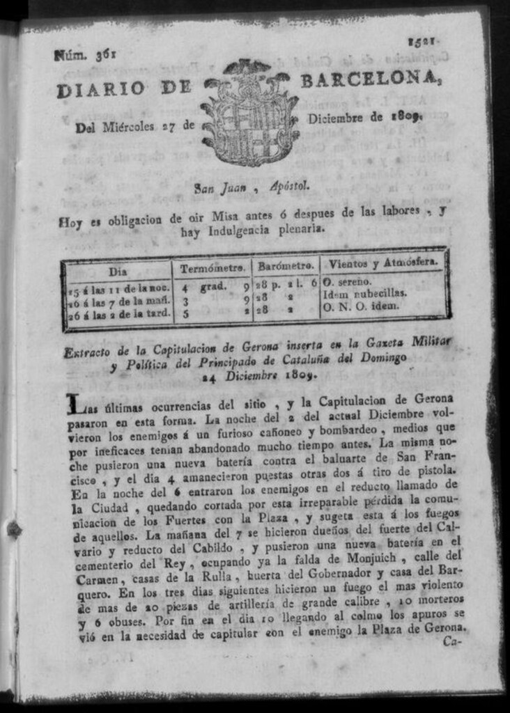 Miniatura de Diario de Barcelona del miércoles 27 de diciembre de 1809