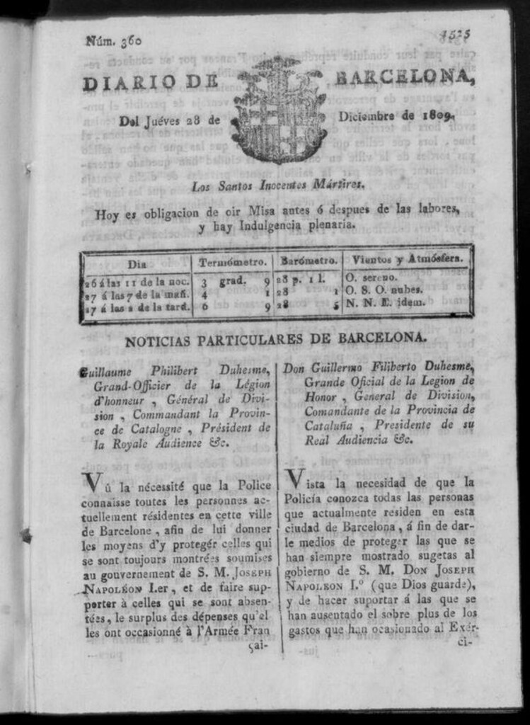 Miniatura de Diario de Barcelona del jueves 28 de diciembre de 1809