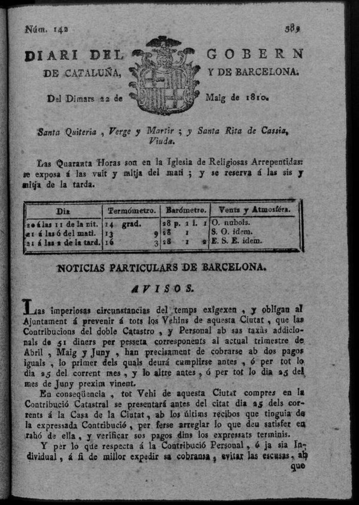 Miniatura de Diario de Barcelona del martes 22 de mayo de 1810