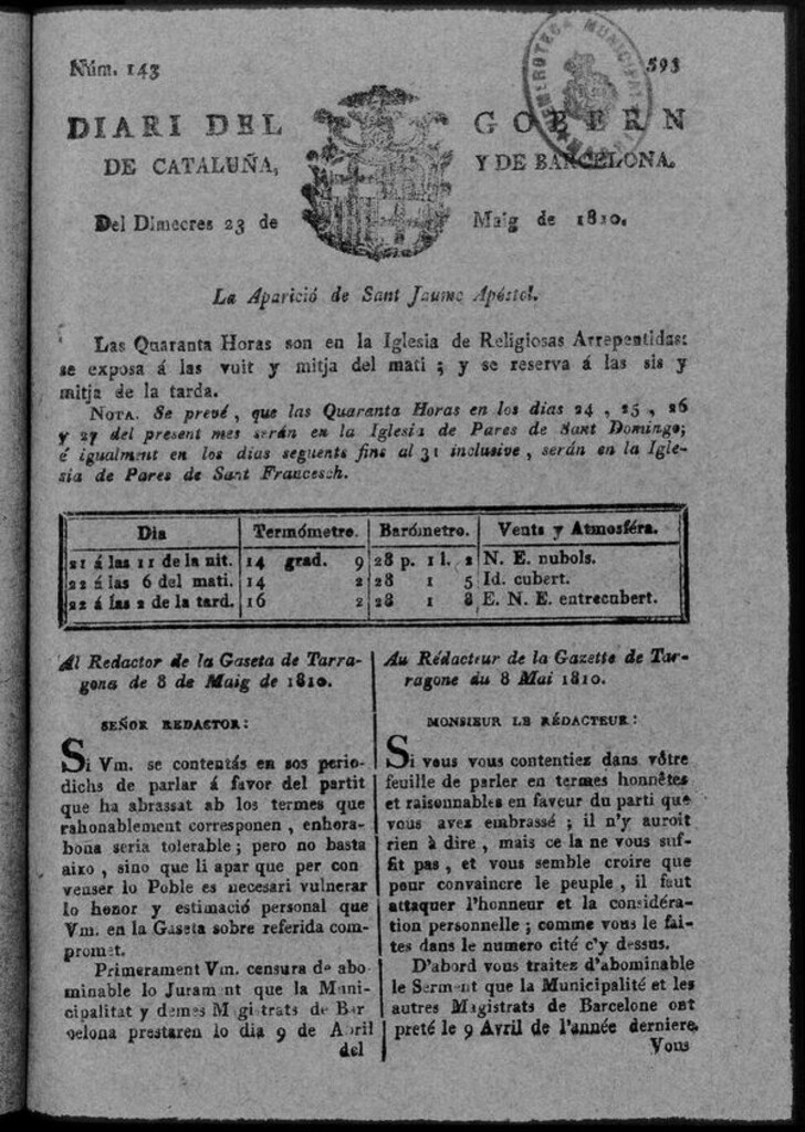 Miniatura de Diario de Barcelona del miércoles 23 de mayo de 1810