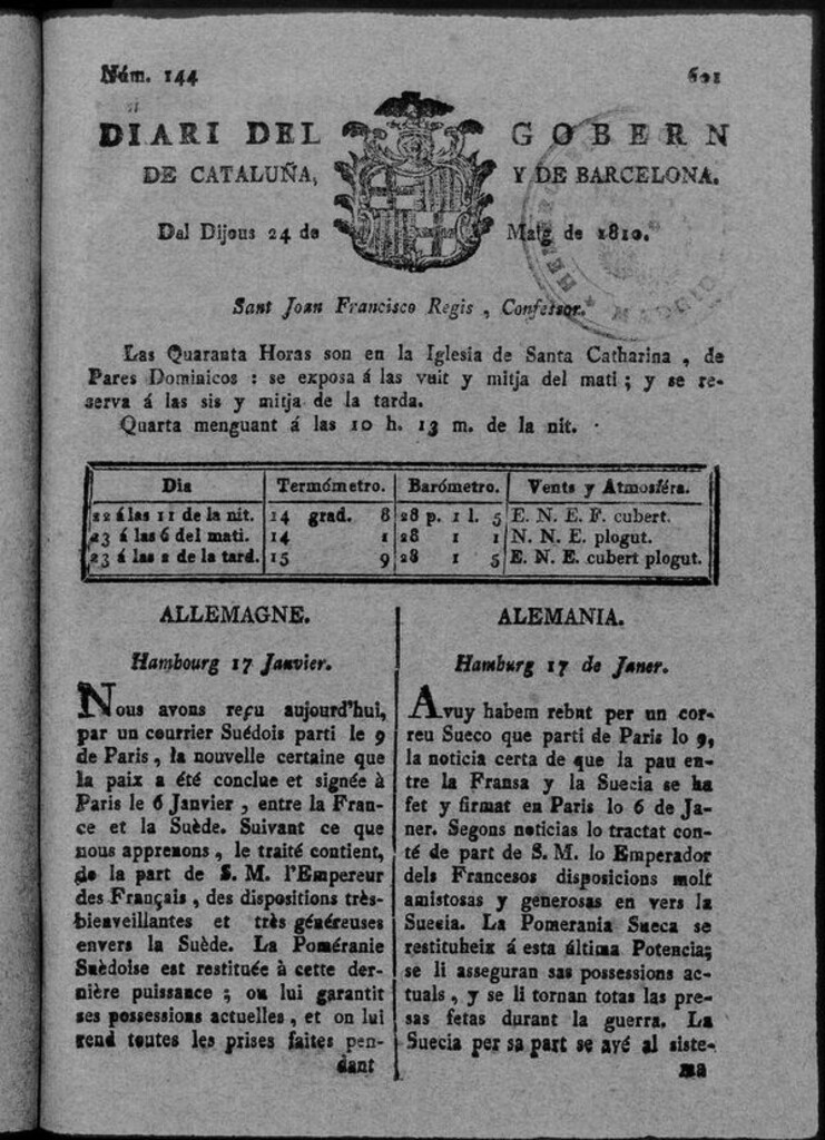 Miniatura de Diario de Barcelona del jueves 24 de mayo de 1810