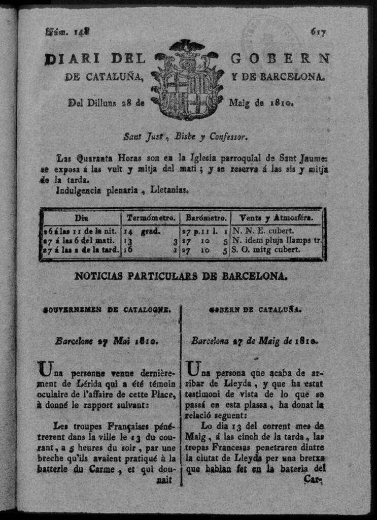 Miniatura de Diario de Barcelona del lunes 28 de mayo de 1810