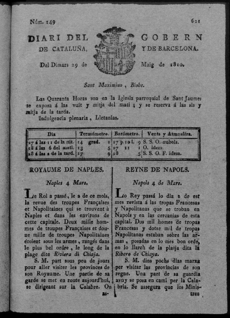 Miniatura de Diario de Barcelona del martes 29 de mayo de 1810