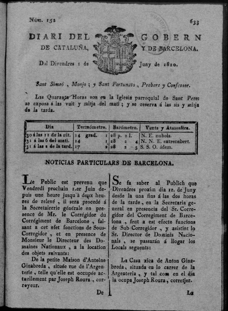 Miniatura de Diario de Barcelona del viernes 1 de junio de 1810