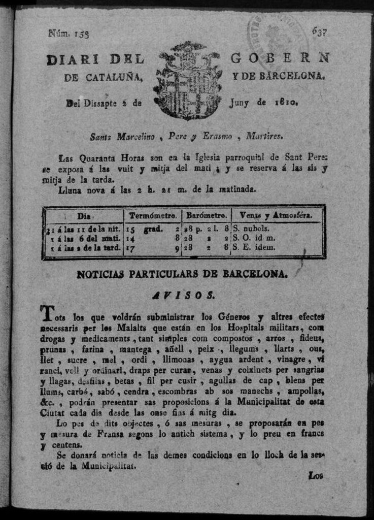 Miniatura de Diario de Barcelona del sábado 2 de junio de 1810