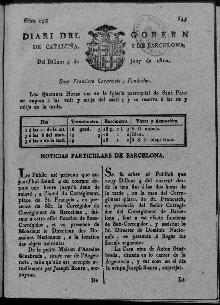Miniatura de Diario de Barcelona del lunes 4 de junio de 1810