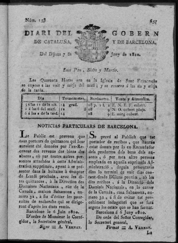Miniatura de Diario de Barcelona del jueves 7 de junio de 1810