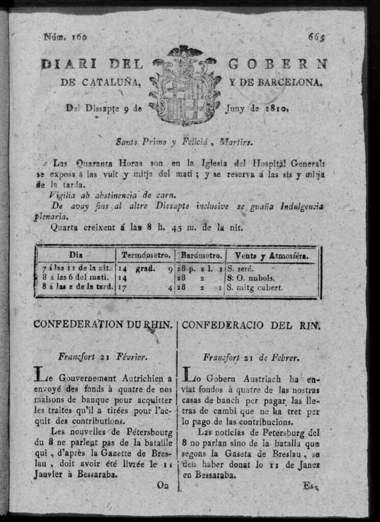 Miniatura de Diario de Barcelona del sábado 9 de junio de 1810