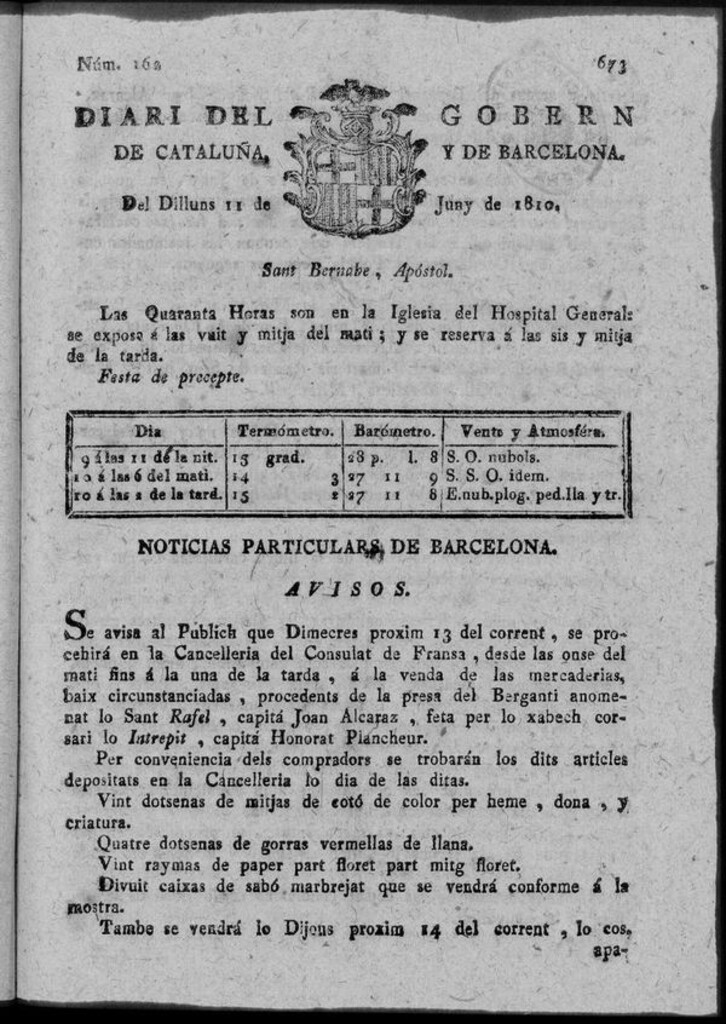 Miniatura de Diario de Barcelona del lunes 11 de junio de 1810