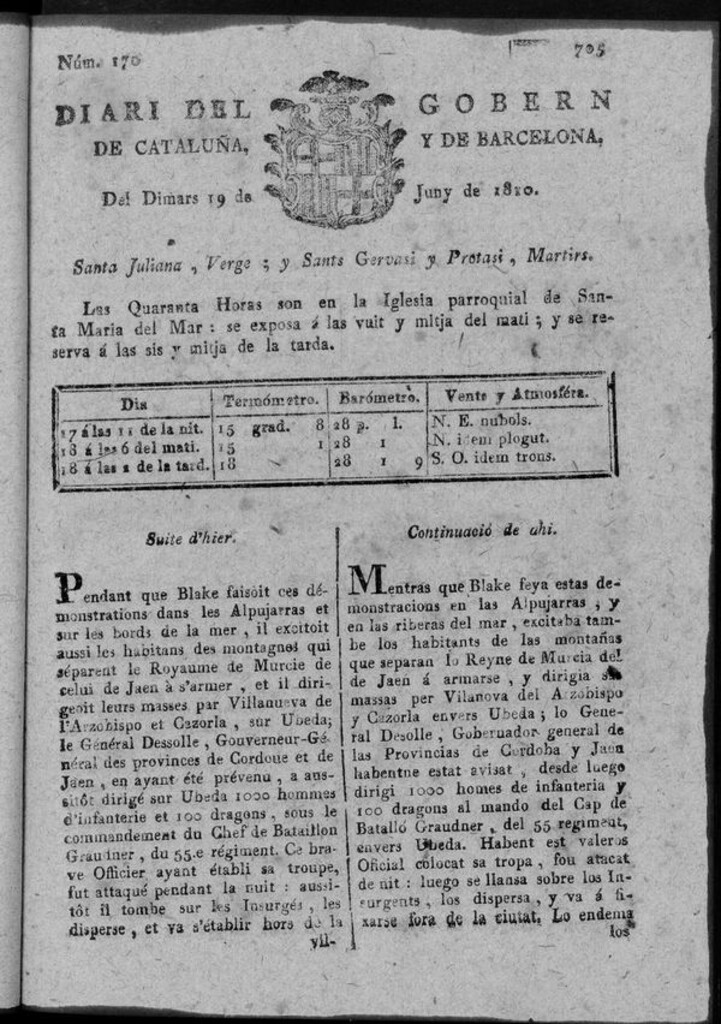 Miniatura de Diario de Barcelona del martes 19 de junio de 1810