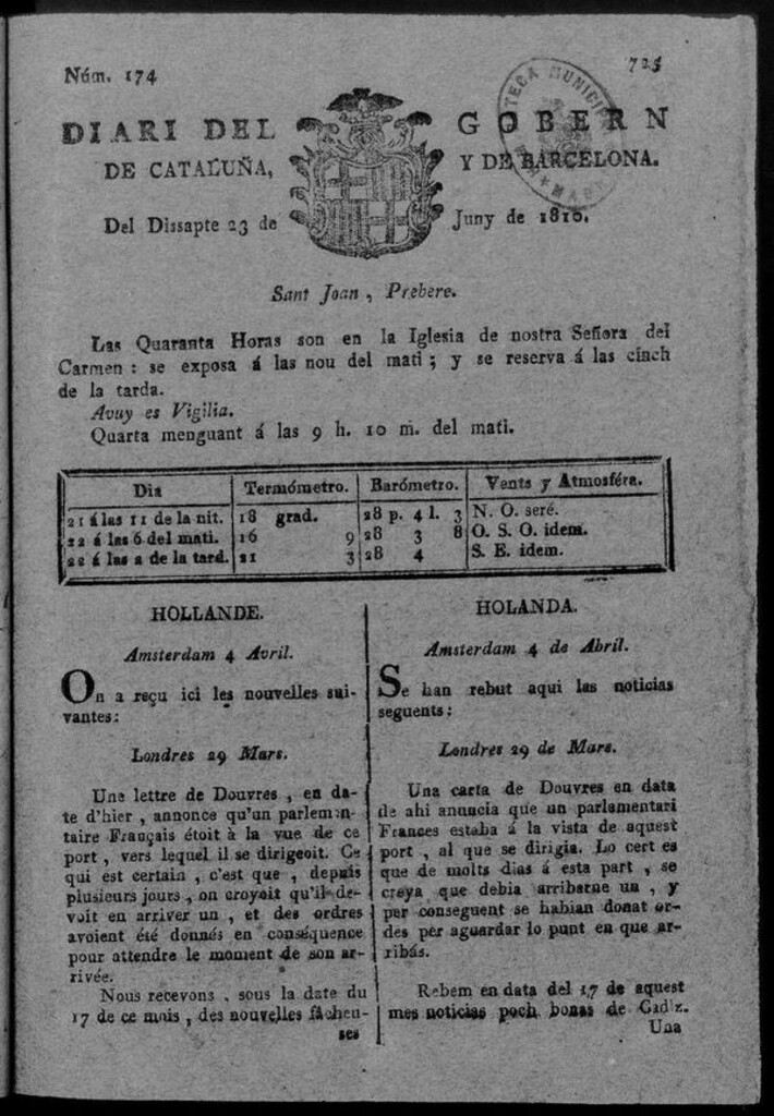 Miniatura de Diario de Barcelona del sábado 23 de junio de 1810