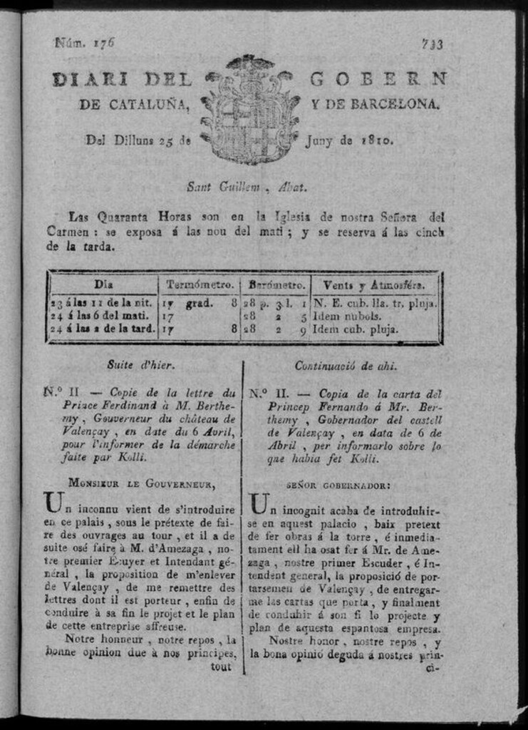 Miniatura de Diario de Barcelona del lunes 25 de junio de 1810