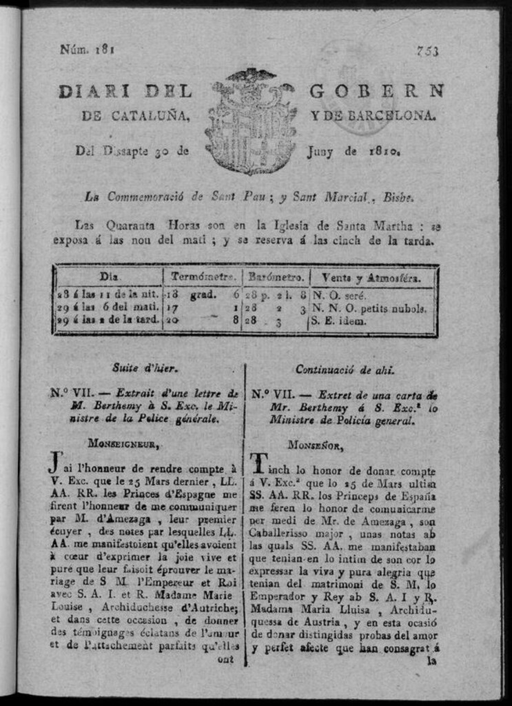 Miniatura de Diario de Barcelona del sábado 30 de junio de 1810