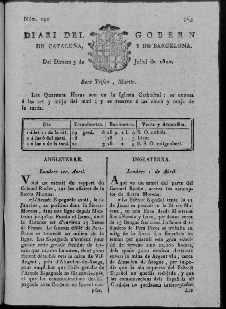 Miniatura de Diario de Barcelona del martes 3 de julio de 1810