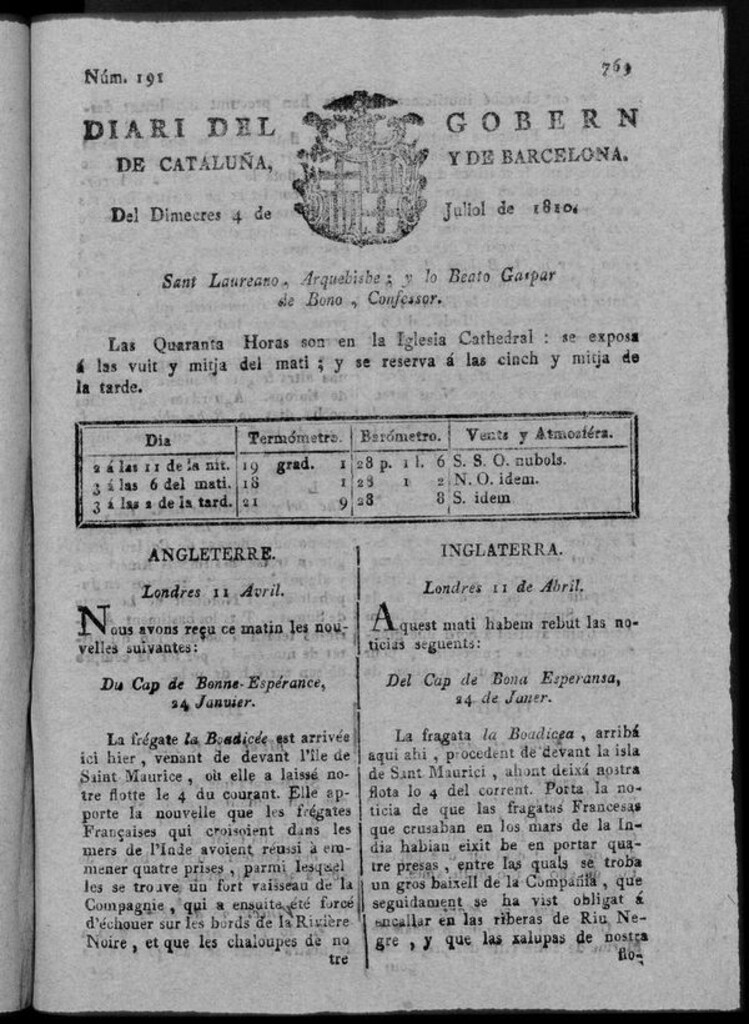 Miniatura de Diario de Barcelona del miércoles 4 de julio de 1810