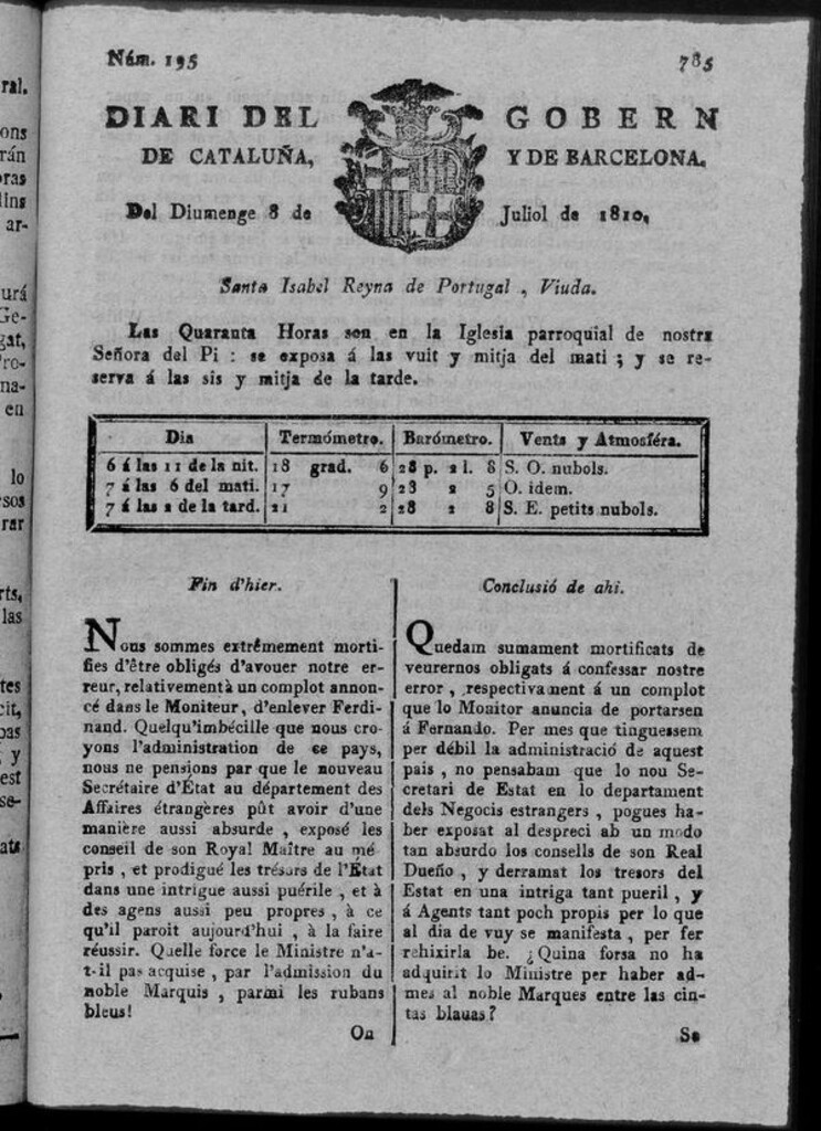 Miniatura de Diario de Barcelona del domingo 8 de julio 1810