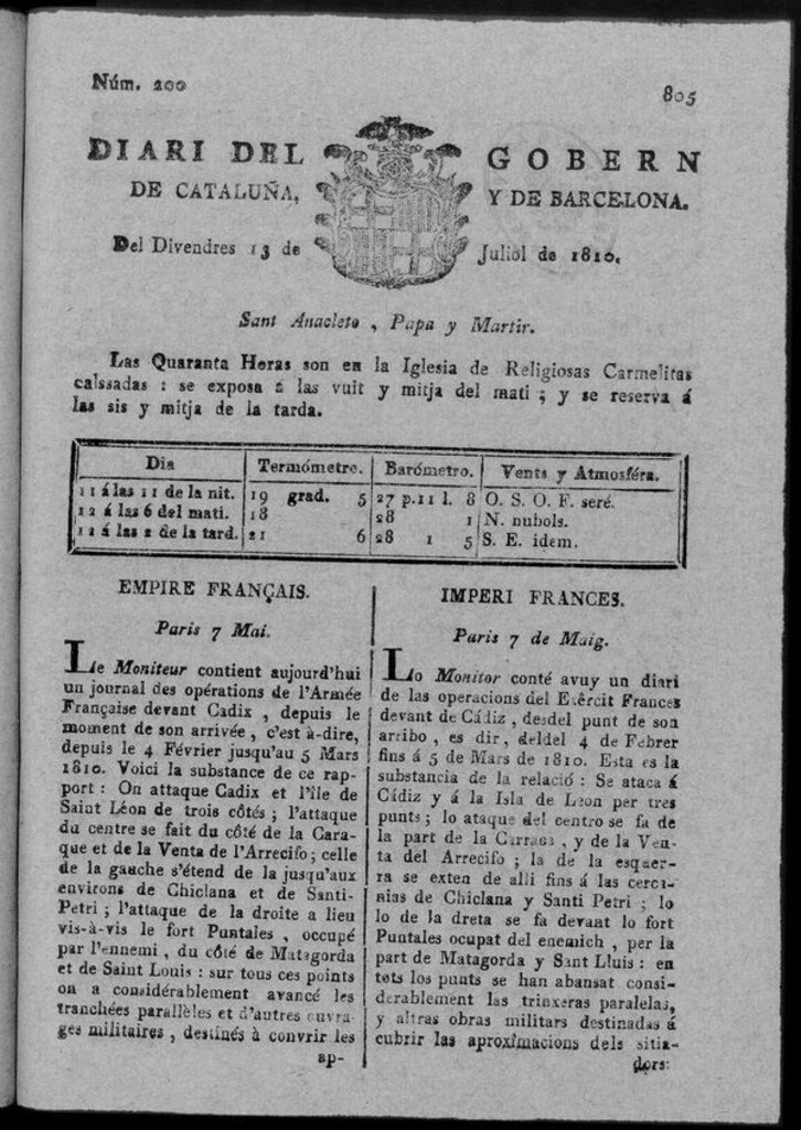 Miniatura de Diario de Barcelona del viernes 13 de julio 1810