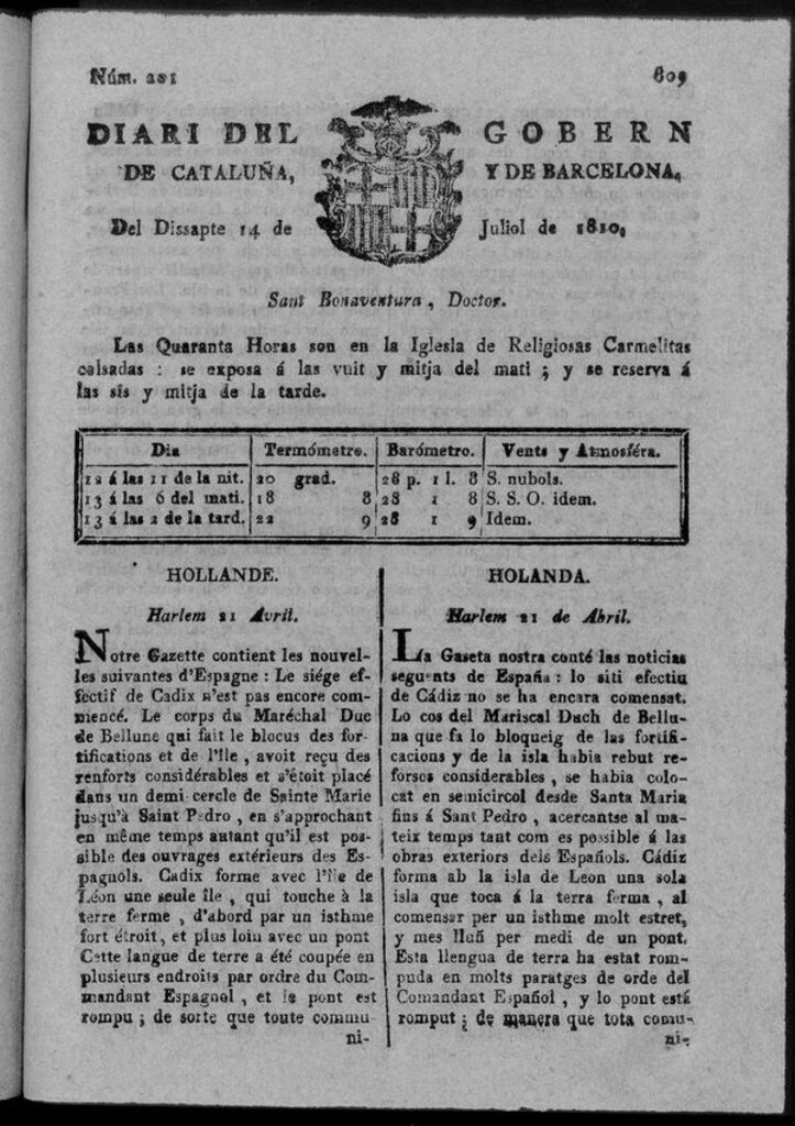 Miniatura de Diario de Barcelona del sábado 14 de julio 1810