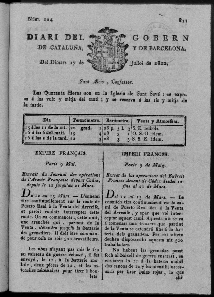 Miniatura de Diario de Barcelona del martes 17 de julio 1810