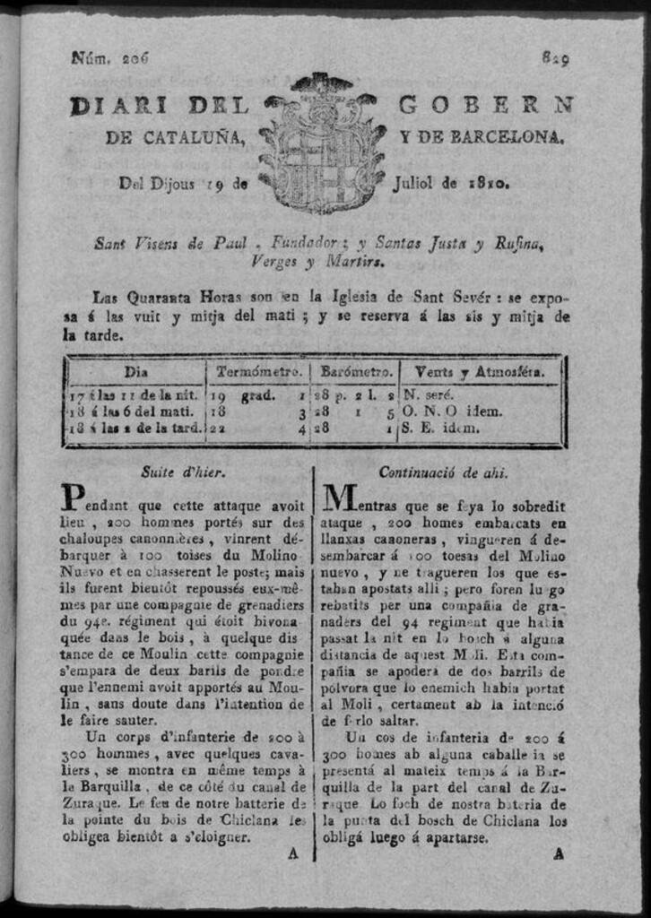 Miniatura de Diario de Barcelona del jueves 19 de julio 1810