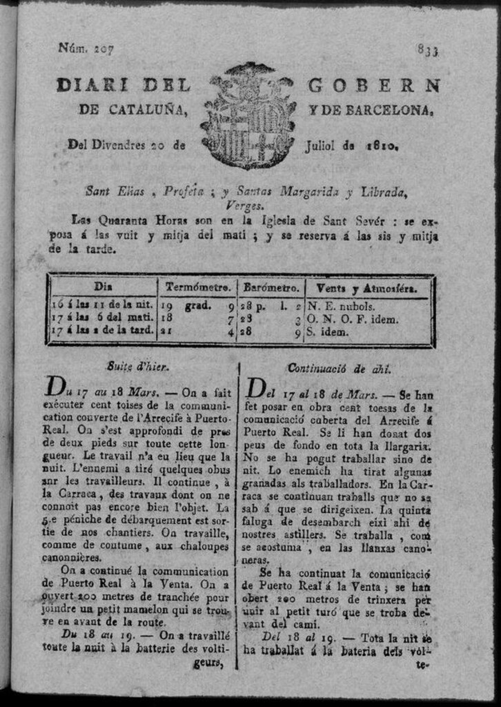 Miniatura de Diario de Barcelona del viernes 20 de julio 1810