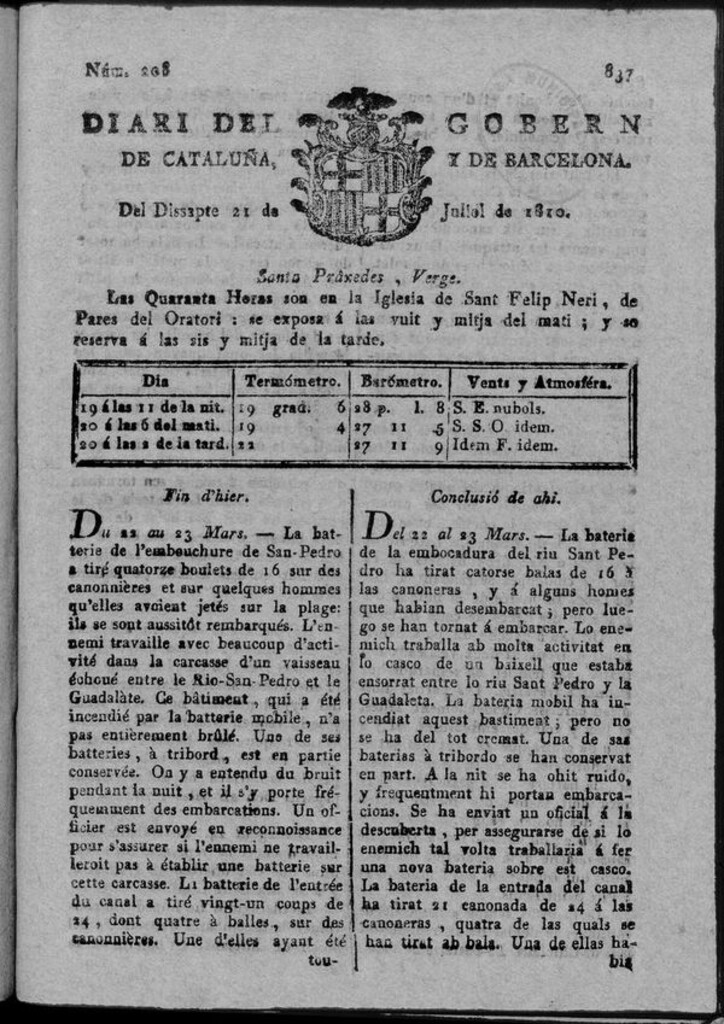 Miniatura de Diario de Barcelona del sábado 21 de julio 1810